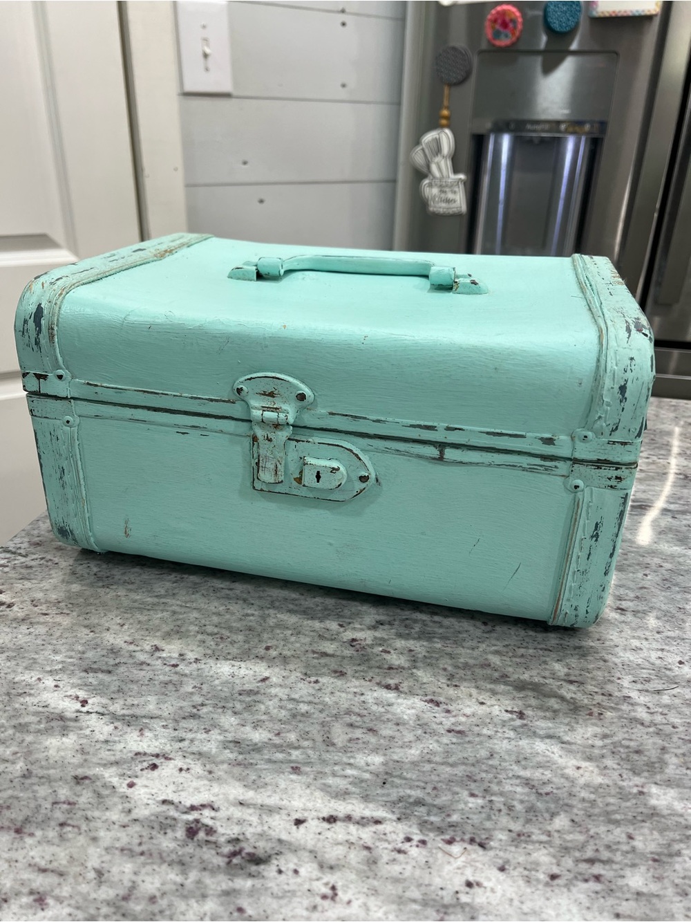 Vintage painted & distressed Turquoise train case/small suitcase